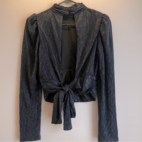 DO+BE Navy Puff Sleeve Open Tie Back Top Small - Picture 6 of 8